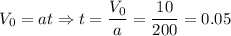 V_0 = at \Rightarrow t = \dfrac{V_0}{a} = \dfrac{10}{200} = 0.05