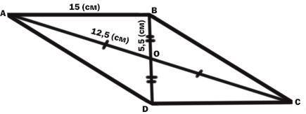 Обчисліть площу паралелограма, одна зі сторін якого дорівнює 15 см, а діагоналі - 11 см і 25 см.​