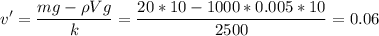 \displaystyle v'=\frac{mg-\rho Vg}{k}=\frac{20*10-1000*0.005*10}{2500}=0.06
