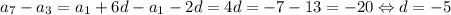 a_7-a_3=a_1+6d-a_1-2d=4d=-7-13=-20 \Leftrightarrow d=-5