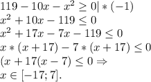 119-10x-x^2\geq0|*(-1)\\x^2+10x-119\leq 0\\x^2+17x-7x-119\leq 0\\x*(x+17)-7*(x+17)\leq0\\(x+17(x-7)\leq0\Rightarrow\\x\in[-17;7].