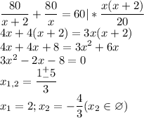 \displaystyle\frac{80}{x+2}+\frac{80}{x}=60|*\frac{x(x+2)}{20}\\4x+4(x+2)=3x(x+2)\\4x+4x+8=3x^2+6x\\3x^2-2x-8=0\\x_{1,2}=\frac{1^+_-5}{3}\\x_1=2;x_2=-\frac{4}{3}(x_2\in\varnothing)
