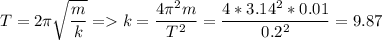 \displaystyle T=2\pi \sqrt{\frac{m}{k} } = k=\frac{4\pi ^2m}{T^2} = \frac{4*3.14^2*0.01}{0.2^2}=9.87