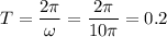 \displaystyle T=\frac{2\pi }{\omega}=\frac{2\pi }{10\pi } =0.2