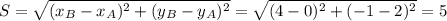 \displaystyle S=\sqrt{(x_B-x_A)^2+(y_B-y_A)^2}=\sqrt{(4-0)^2+(-1-2)^2}=5