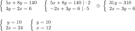 \left\{\begin{array}{l}5x+8y=140\\3y-2x=6\end{array}\right\ \ \left\{\begin{array}{l}5x+8y=140\ |\cdot 2\\-2x+3y=6\ |\cdot 5\end{array}\right\ \oplus \ \left\{\begin{array}{l}31y=310\\2x=3y-6\end{array}\right\\\\\\\left\{\begin{array}{ccc}y=10\\2x=24\end{array}\right\ \ \left\{\begin{array}{l}y=10\\x=12\end{array}\right