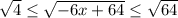 \sqrt{4} \leq \sqrt{-6x+64} \leq \sqrt{64}