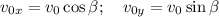 v_{0x} = v_0\cos\beta;\quad v_{0y} = v_0\sin\beta