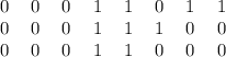 \begin{tabular}{c c c c c c c c} 0 & 0 & 0 & 1 & 1 & 0 & 1 & 1 \\ 0 & 0 & 0 & 1 & 1 & 1 & 0 & 0 \\ 0 & 0 & 0 & 1 & 1 & 0 & 0 & 0 \\ \end{tabular}