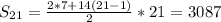 S_{21}=\frac{2*7+14(21-1)}{2}*21=3087