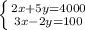 \left \{ {{2x+5y=4000} \atop {3x-2y=100}} \right.