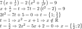7\left ( x+\frac{1}{x} \right )-2\left ( x^2+\frac{1}{x^2} \right )=9\\x+\frac{1}{x}=t\Rightarrow 7t-2\left ( t^2-2 \right )=9\\2t^2-7t+5=0\Rightarrow t=\left \{ 1;\frac{5}{2} \right \}\\t=1\Rightarrow x^2-x+1\Rightarrow x\notin \mathbb{R}\\t=\frac{5}{2}\Rightarrow 2x^2-5x+2=0\Rightarrow x=\left \{ \frac{1}{2};2 \right \}