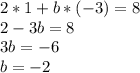 2*1+b*(-3)=8 \\ 2-3b=8\\3b=-6\\b=-2