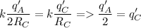 \displaystyle k\frac{q_A'}{2R_C}=k\frac{q_C'}{R_C}= \frac{q_A'}{2}=q_C'