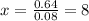 x = \frac{0.64}{0.08} =8