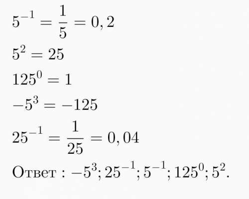 Расположи в порядке возрастания числа: 5⁻¹; 5²; 125⁰; –5³; 25⁻¹