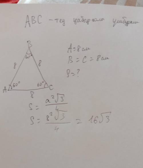 БЕРІЛГЕНІ:АВС - тең қабырғалы үшбұрыш ,а=8см табу керек ауданы S-?​