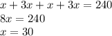 x + 3x + x + 3x= 240 \\ 8x = 240 \\ x = 30