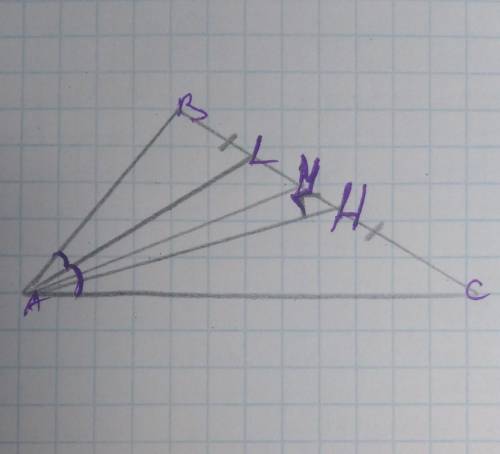 Накресліть різносторонній гострокутний трикутник ABC. проведіть у ньому медіану AM , висоту AH, бісе