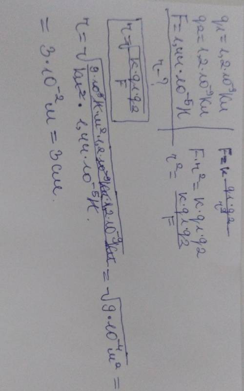Два заряда по 1,2 • 10 -9 Кл каждый взаимодействуют в вакууме с силой 1,44 • 10 -5 Н. Расстояние меж