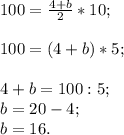 100=\frac{4+b}{2}*10;\\ \\100=(4+b)*5;\\\\4+b=100:5;\\b=20-4;\\b=16.