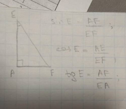 Постройте прямоугольный треугольник EAF. Запишите sin E, cos E и tg E​