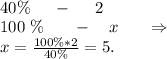 \\\ 40\%\ \ \ \ -\ \ \ \ 2\\\ \ \ 100\ \%\ \ \ \ \ -\ \ \ x \ \ \ \ \ \Rightarrow\\ x=\frac{100\%*2}{40\%}=5.\\