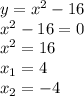 y=x^2-16\\x^2-16=0\\x^2=16\\x_1=4\\x_2=-4