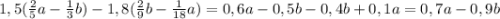 1,5(\frac{2}{5}a-\frac{1}{3}b)-1,8(\frac{2}{9}b-\frac{1}{18}a)=0,6a-0,5b-0,4b+0,1a=0,7a-0,9b