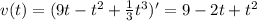 v(t)=(9t-t^2+\frac{1}{3} t^3)'=9-2t+t^2