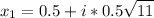 {\displaystyle x_1 = 0.5 + i *0.5\sqrt{11}