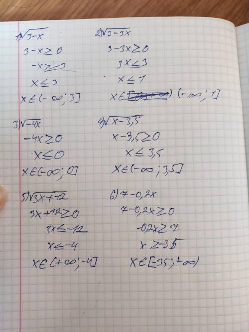 При каких значениях x имеет смысл выражение : 1) √3-x ✓ 2)√3-3x 3)√-4x 4)√x-3,5 5)√3x-12 6)√7-0,2x П