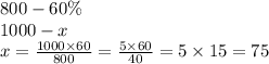 800 - 60\% \\ 1000 - x \\ x = \frac{1000 \times 60}{800} = \frac{5 \times 60}{40} = 5 \times 15 = 75