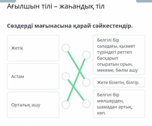 Сөздерді мағынасына қарай cәйкестендір. ЖетікАстамОрталық ашуБелгілі бір саладағы, қызмет түріндегі