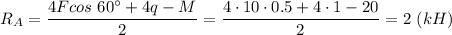 R_A = \dfrac{4 Fcos~ 60^{\circ} + 4q- M}{2} = \dfrac{4 \cdot10 \cdot 0.5 + 4 \cdot 1- 20}{2} = 2~(kH)