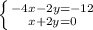 \left \{ {{-4x-2y=-12} \atop {x+2y=0}} \right.