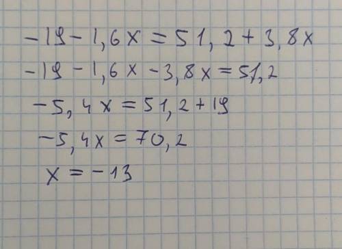 Реши уравнение: −19−1,6x=51,2+3,8x.