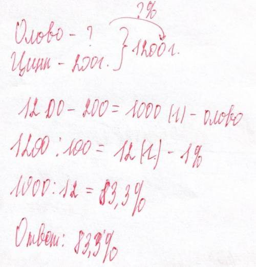 В сплаве из олова и цинка содержится 200 г цинка, масса сплава 1200 г. Сколько процентов составляет