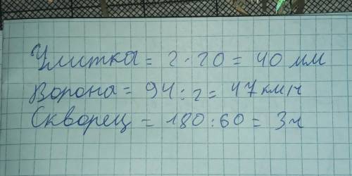 Расстояние 2. Составь и реши задачи по таблице.Скорость ВремяУлитка2 мм/с20 сВорона2 км/чСкворец60 к