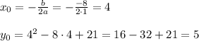 x_0=-\frac{b}{2a}=-\frac{-8}{2\cdot 1} = 4\\\\y_0=4^2-8\cdot 4 +21=16-32+21=5
