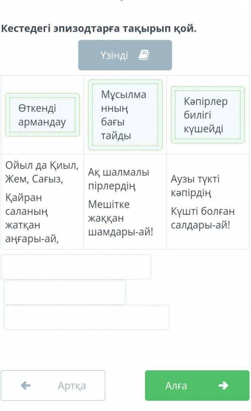 Кестедегі эпизодтарға тақырып қой. Үзінді312Ойыл да қиыл, Жем, Сағыз,Ақ шалмалы пірлердіңҚайран сала