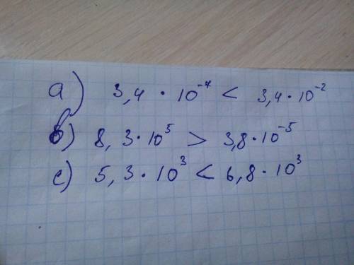 Сравните числа А)3,4×10-⁷ 3,4×10-² В)8,3×10⁵ 3,8×10-⁵ С)5,3×10³ 6,8×10³​