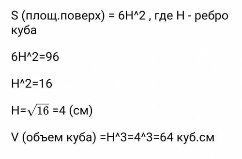 Площадь поверхности куба 96 см.кв. Найти его объем и площадь основания.