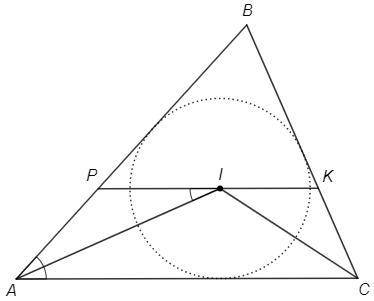 Через центр вписанной в треугольник АБС окружности проведена прямая РК, параллельная стороне АС (Р п