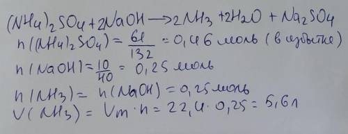 Какой объём аммиака выделится при взаимодействии 10г гидроксида натрия с 61г сульфата аммония