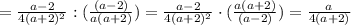 = \frac{a - 2}{4(a + 2)^{2}} : (\frac{(a - 2)}{a(a + 2)}}) = \frac{a - 2}{4(a + 2)^{2}} \cdot (\frac{a(a + 2)}{(a - 2)}}}) = \frac{a}{4(a + 2)}}}