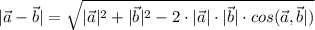 |\vec{a}-\vec{b}|=\sqrt{|\vec{a}|^2+|\vec{b}|^2-2\cdot|\vec{a}|\cdot|\vec{b}|\cdot cos(\vec{a},\vec{b}|) }