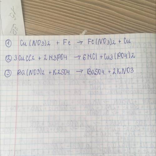 .Закончите схемы уравнений реакци 1. Cu(NO3)2+Fe-) 2. CuCl2+2H3PO4 -> | 3. Ba(NO3)2+K2SO4