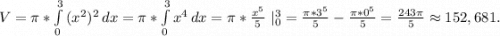 V=\pi *\int\limits^3_0 {(x^2)^2} \, dx=\pi *\int\limits^3_0 {x^4} \, dx=\pi *\frac{x^5}{5}\ |_0^3=\frac{\pi*3^5 }{5}-\frac{\pi*0^5 }{5}=\frac{243\pi }{5}\approx152,681.