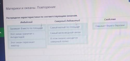 Распредели характеристики по соответствующим океанам. ИндийскийСеверный ЛедовитыйСходство ребята ​